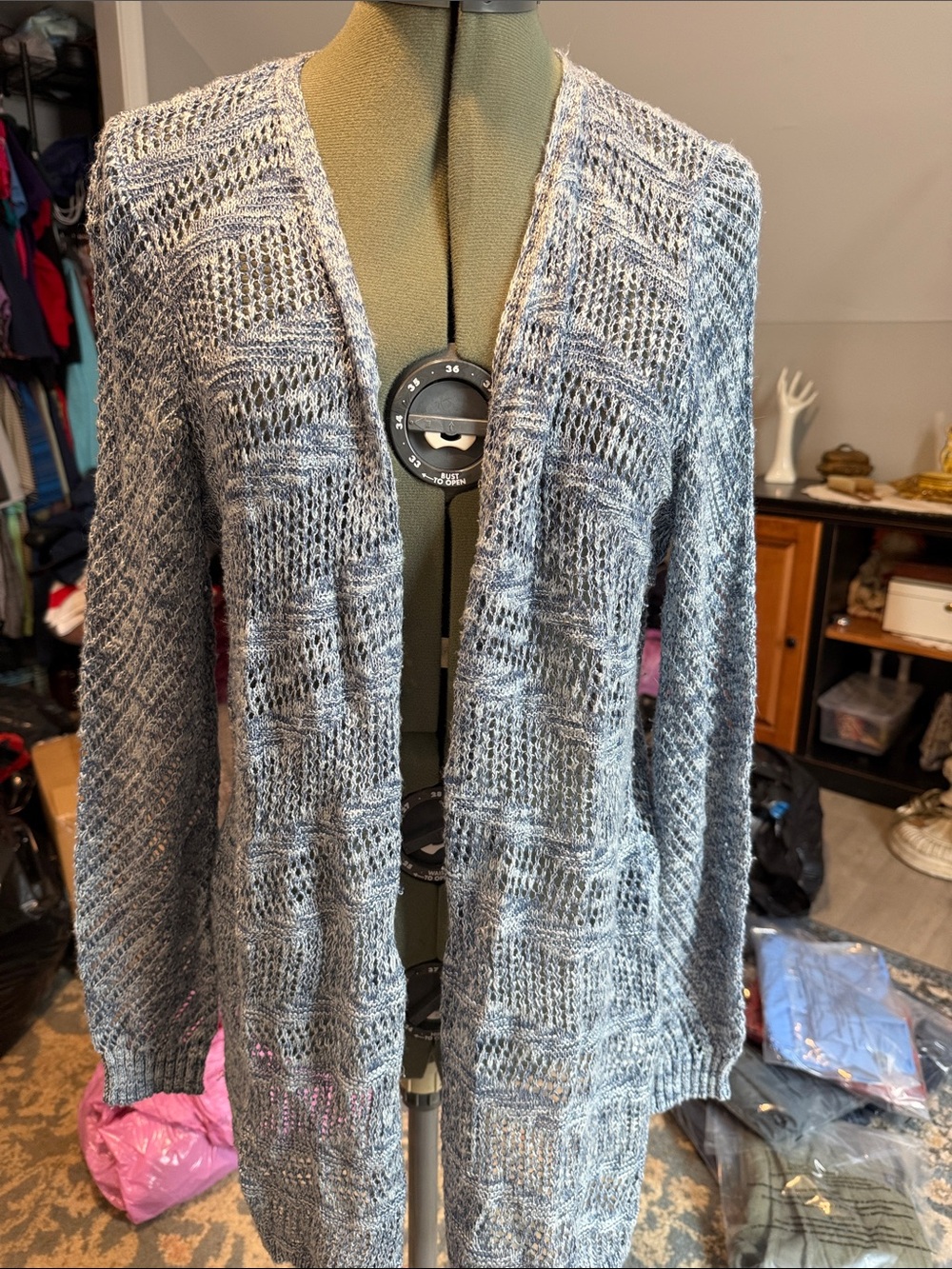 Christopher & Banks Open-Front Blue/White Knit Cardigan